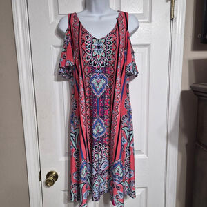 MSK Cold-Shoulder Multicolor Coral, Turqouise, Blue and Black Dress Size Small